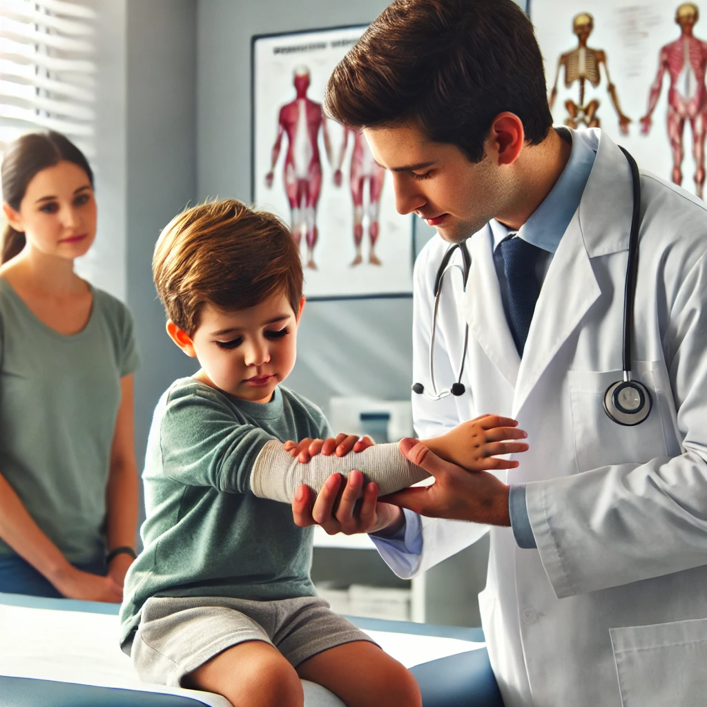 A pediatric doctor treating nursemaid’s elbow in a young child.